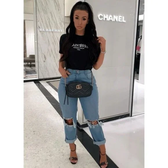 Blue High Waist Distressed Ripped Cuffed Boyfriend Jeans Denim Pants - Picture 7 of 16